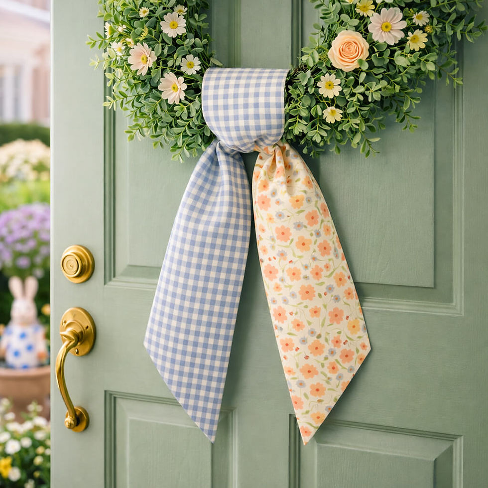 blue gingham check with yellow and pink daisy wreath sash tied on a sage green front door of a spring home