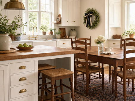 Wood Kitchen table in a cream colored kitchen with a butcher block island