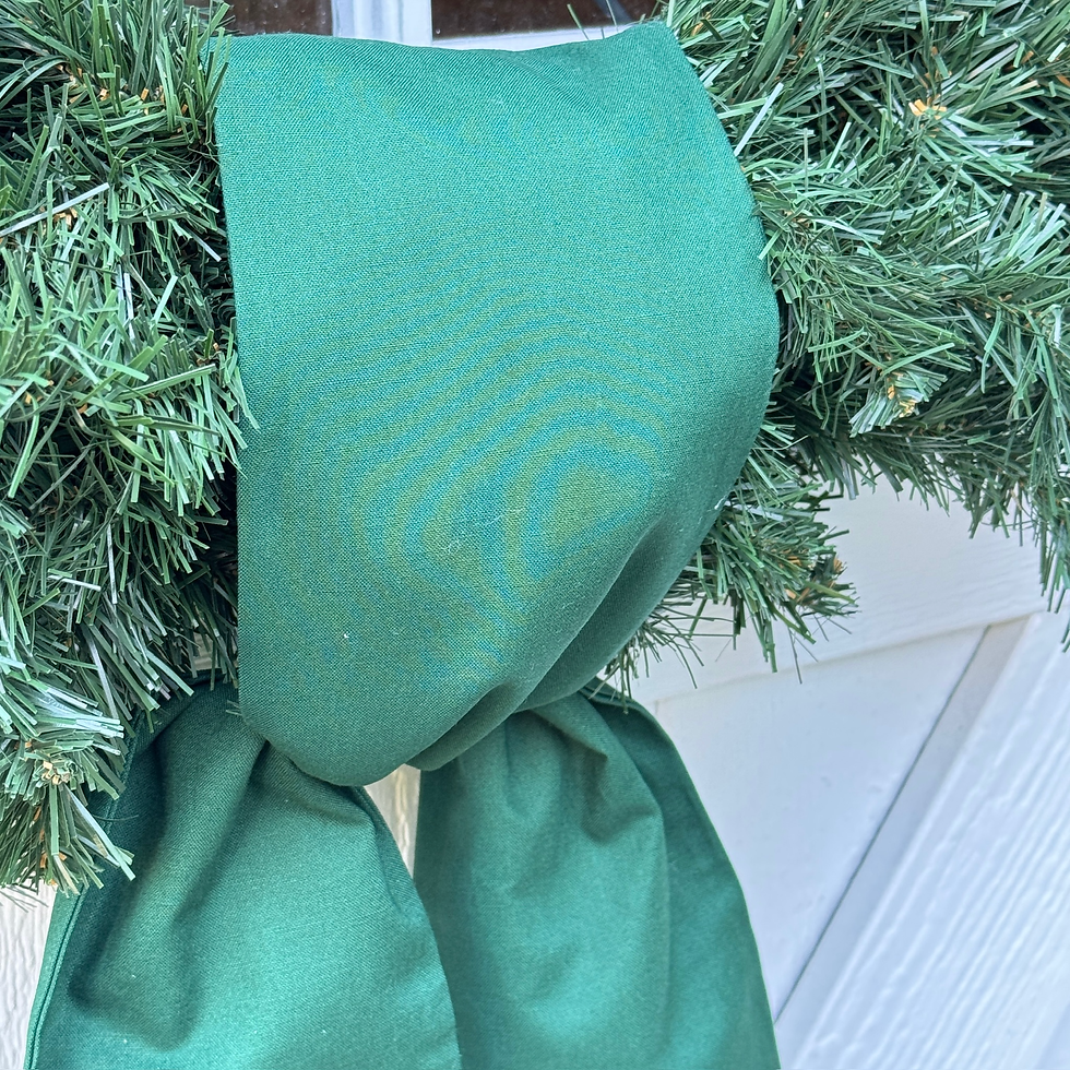 Handmade green wreath sash for Christmas or St. Patrick’s Day. Cotton door bow and embroidery blank for DIY holiday décor.