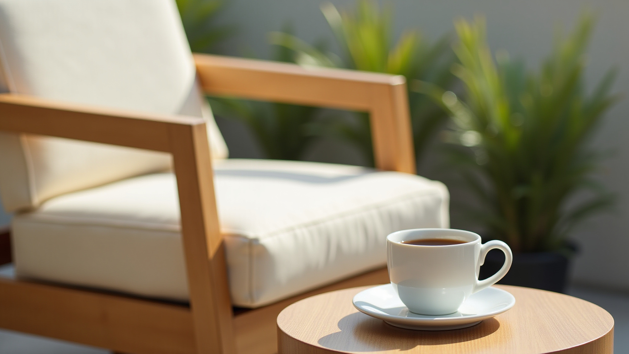a blurred image of a chair and a coffee with no creamer in focus