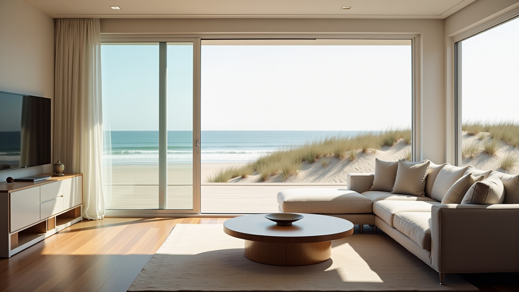 a large tan coach in front of a tv inside a room surrounded with windows and the sun beating down on the coach