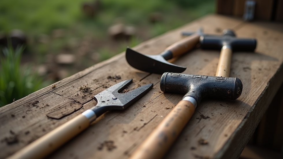 Eye-level view of forestry tools neatly arranged on a wooden bench