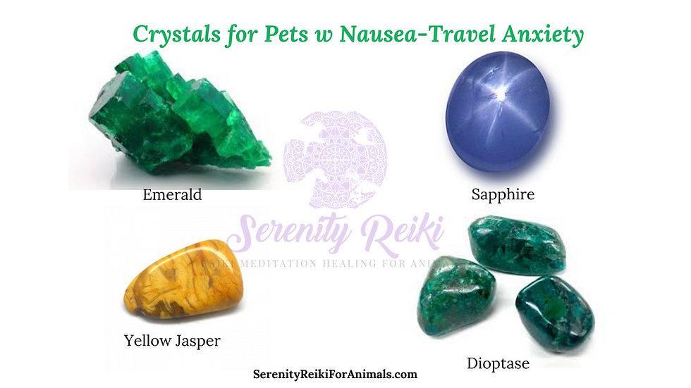 cyrstals - emerald, yellow jasper, dioptase, sapphire for travel anxiety for pets