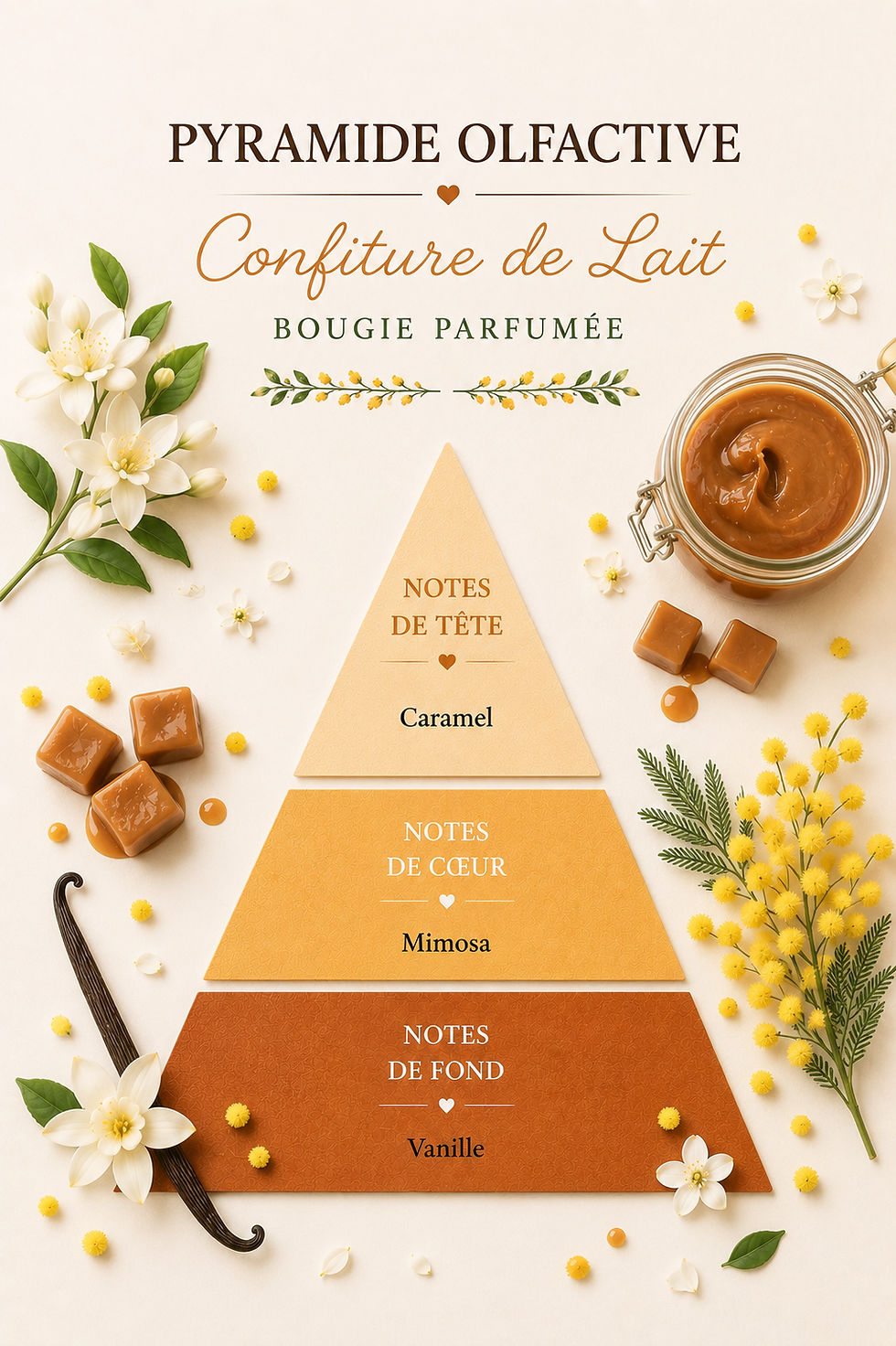 Pyramide olfactive bougie Confiture de Lait : notes de caramel, mimosa et vanille.