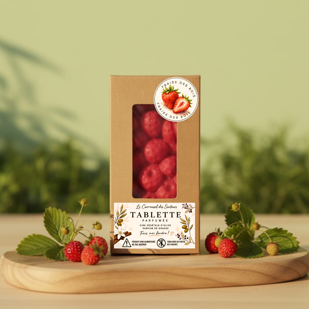 Tablette parfumée Fraise des bois en cire végétale d'olive, parfum de Grasse.