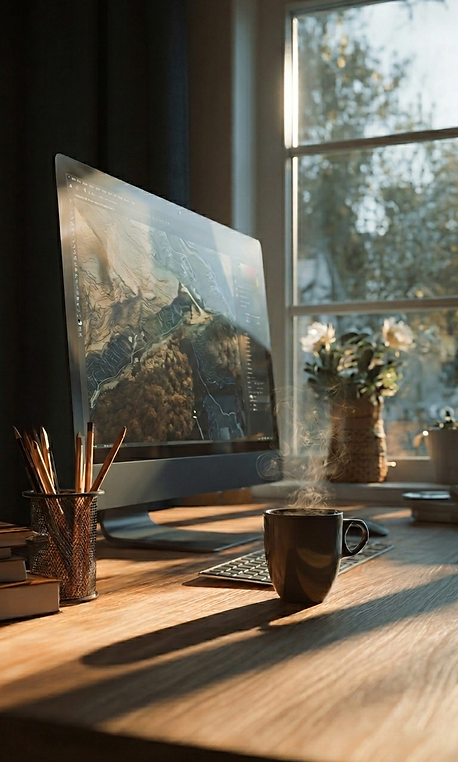 Studio de création visuelle avec bureau et lumière naturelle.