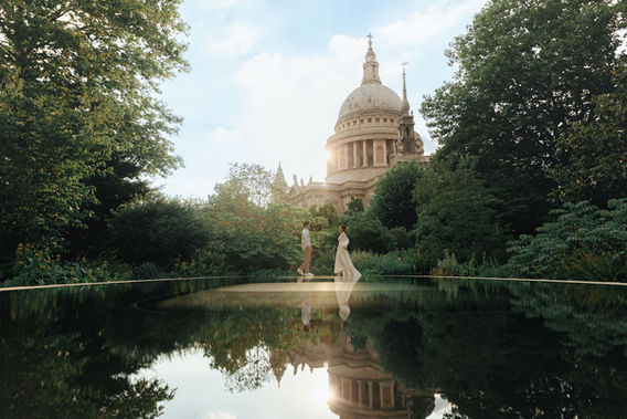 pre wedding photoshoot London Asian couple St Paul’s Cathedral lake reflection romantic landscape