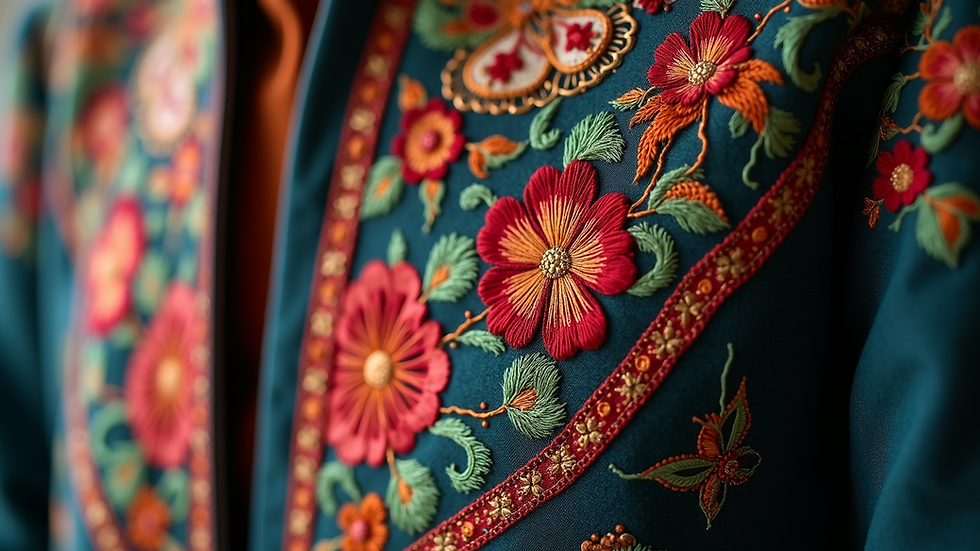 Close-up view of a hand-embroidered Persian textile on a contemporary jacket