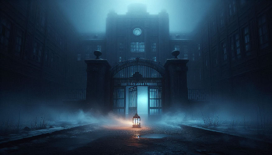 Foggy night scene of an old hospital gate with "Hospital" sign. A glowing lantern on the ground creates an eerie, mysterious mood.