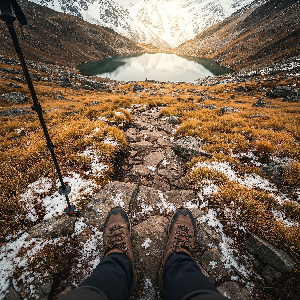 Hiking boots rest on a rocky path overlooking a serene mountain lake. Snow-dusted grass surrounds; a trekking pole stands to the side.