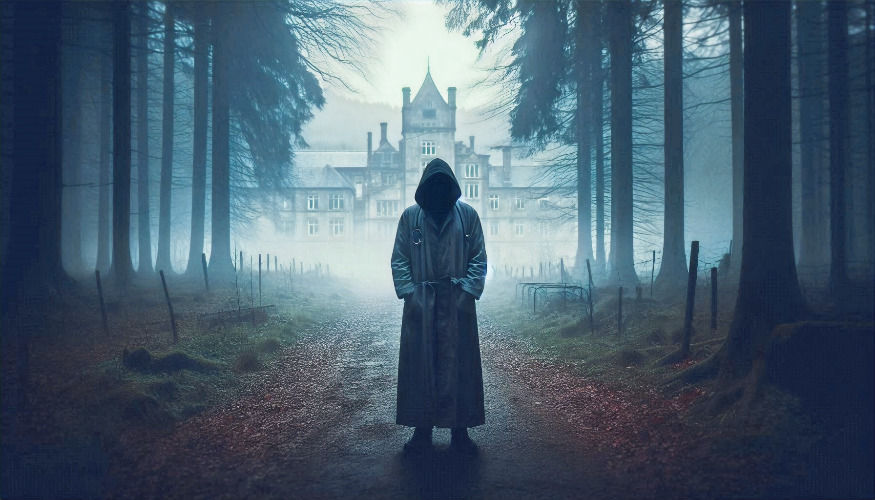 A hooded figure stands on a foggy forest path leading to a gothic mansion. The eerie setting is dimly lit, creating a mysterious mood.