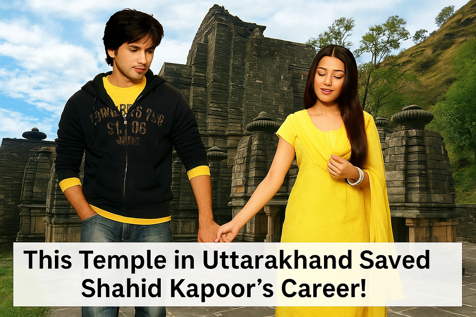 A man and woman in yellow outfits hold hands near an ancient temple with greenery. Text below reads: "This Temple in Uttarakhand Saved Shahid Kapoor’s Career!"