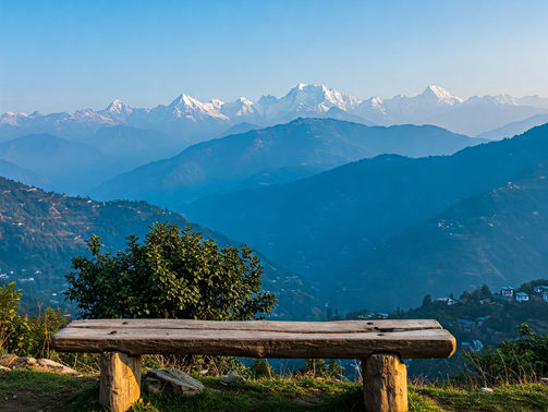 Wooden bench overlooks majestic snowy mountains and lush green hills under a clear blue sky, evoking tranquility and awe.