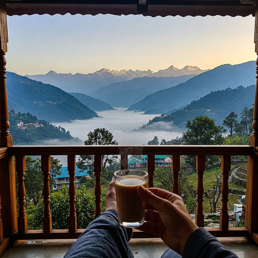 Relaxing scene from a wooden balcony with someone holding a steaming cup of coffee, overlooking misty mountains and valleys at sunrise.