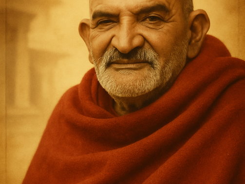 Elderly man with a gentle smile wears a red shawl in a sepia-toned setting. The background is softly blurred with floral patterns.