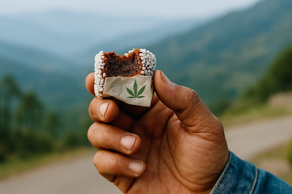 Hand holding a bitten treat wrapped in paper with a cannabis leaf, against a blurred mountain landscape. Beige and brown tones.