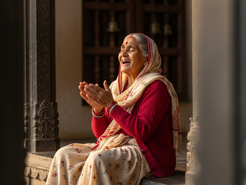 Elderly woman in red sweater and patterned sari prays joyfully, sitting on a stone bench with a temple backdrop, bathed in warm light.