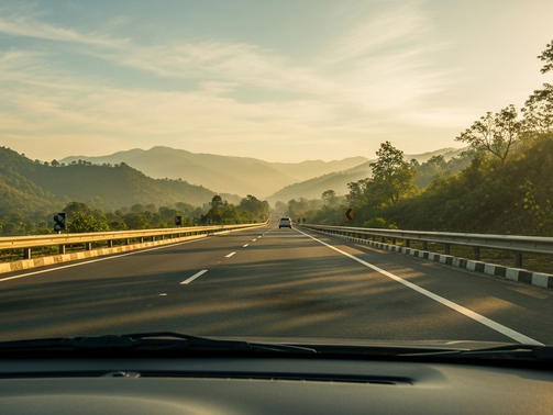 Driving on a highway through green hills at sunrise, seen from inside a car. The sky is clear, and the mood is serene and peaceful.