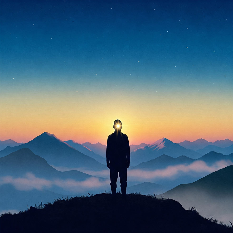 Silhouette of person with glowing face stands on a hilltop at sunrise, overlooking misty mountains under a starry sky.
