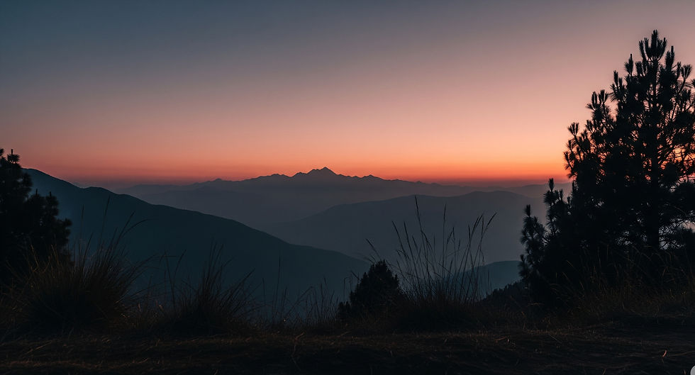 Silhouette of trees against a colorful sunset over distant mountains. Orangish-pink sky fades to blue, creating a serene landscape.