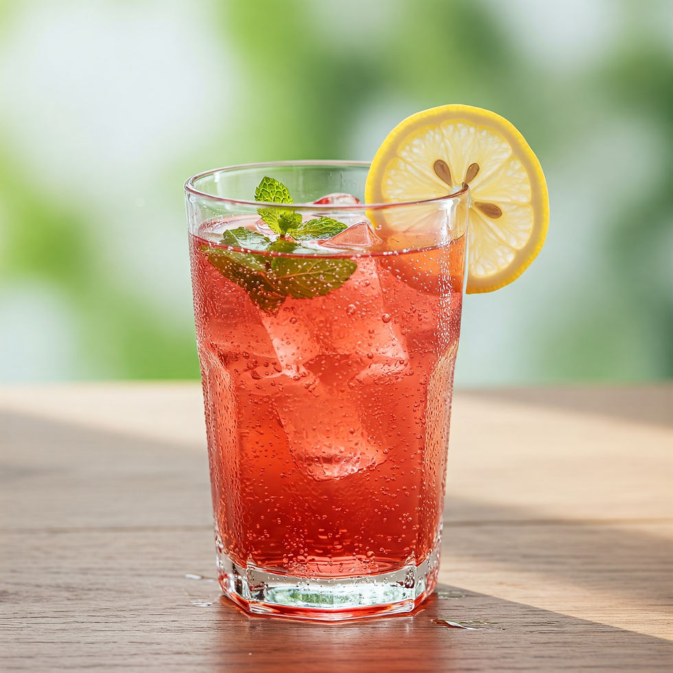 Chilled red drink in a glass with ice, mint leaves, and a lemon slice garnish sits on a wooden table; blurred green background.