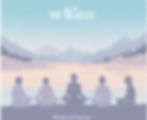 Silhouettes of five people meditating by a river, mountains in the background. Text: "The Beatles, Rishikesh Retreat." Calm mood.