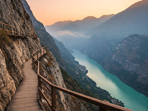 Wooden path on a rocky mountain cliff overlooking a turquoise river valley at sunset. Mountains in the background, serene and scenic.