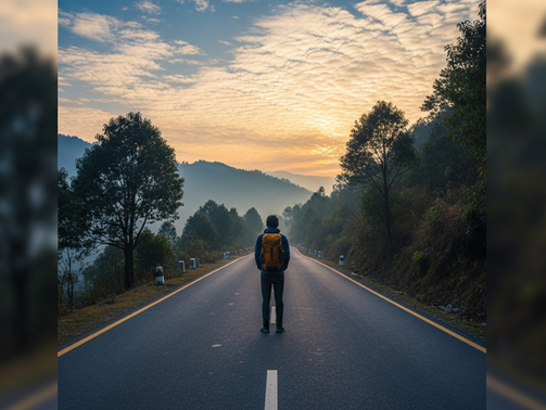 A solo traveler with a backpack stands on a peaceful Himalayan road at sunrise, gazing toward misty hills along the Delhi to Kainchi Dham route; the scene is framed by trees and soft morning light with blue, yellow, and red tones symbolizing trust, hope, and purpose.