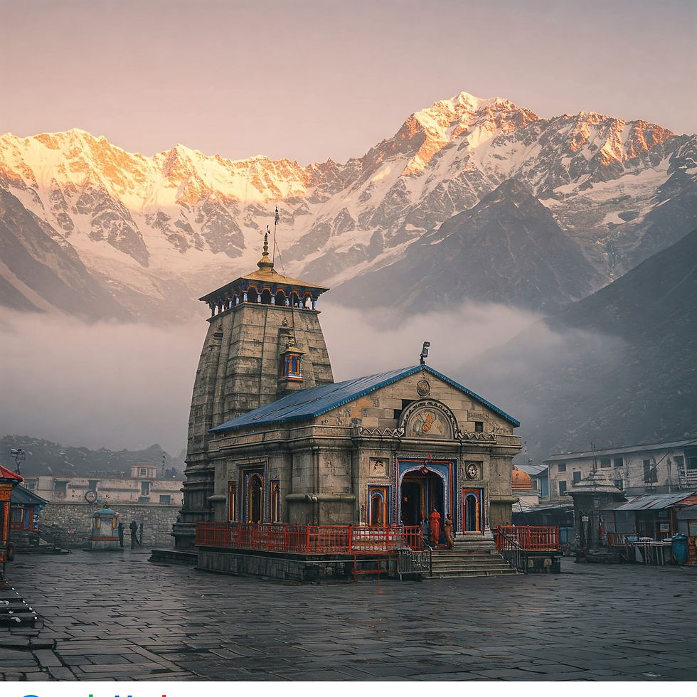 Temple with blue roof and ornate details in misty mountain setting, snow-capped peaks in background, early morning light, serene mood.