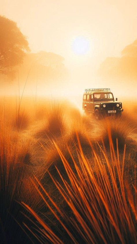 Safari jeep driving through Jim Corbett National Park at sunrise, surrounded by golden mist and tall grass, capturing the thrill of early morning wildlife exploration.