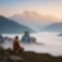 A person meditates on a grassy hill overlooking a temple amidst fog, with majestic mountains in the background under a serene sky.
