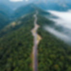 Winding road cuts through lush green mountains, with misty clouds on the right. A serene, natural landscape under a cloudy sky.