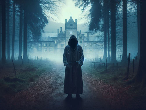 A hooded figure stands on a foggy forest path leading to a gothic mansion. The eerie setting is dimly lit, creating a mysterious mood.