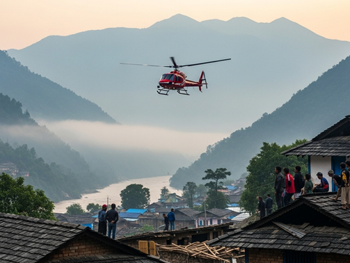 A red helicopter flies over a foggy valley with mountains. People watch from rooftops of wooden homes in a village, creating a sense of anticipation.