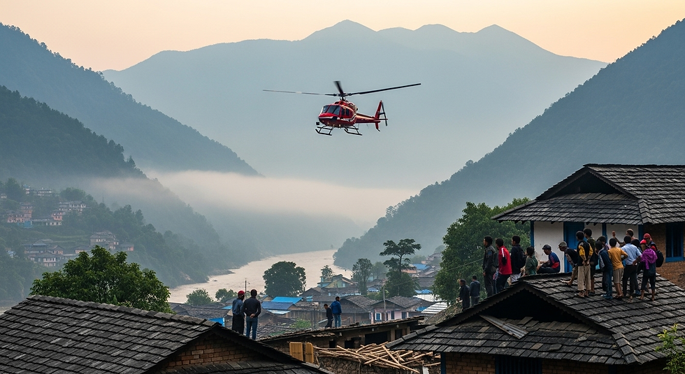 A red helicopter flies over a foggy valley with mountains. People watch from rooftops of wooden homes in a village, creating a sense of anticipation.