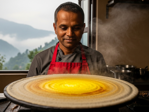 A man in a red apron smiles while cooking a large, steaming dosa on a stove. Open windows reveal misty mountains in the background.