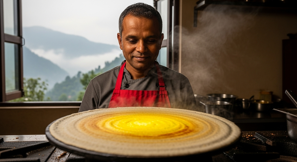 A man in a red apron smiles while cooking a large, steaming dosa on a stove. Open windows reveal misty mountains in the background.