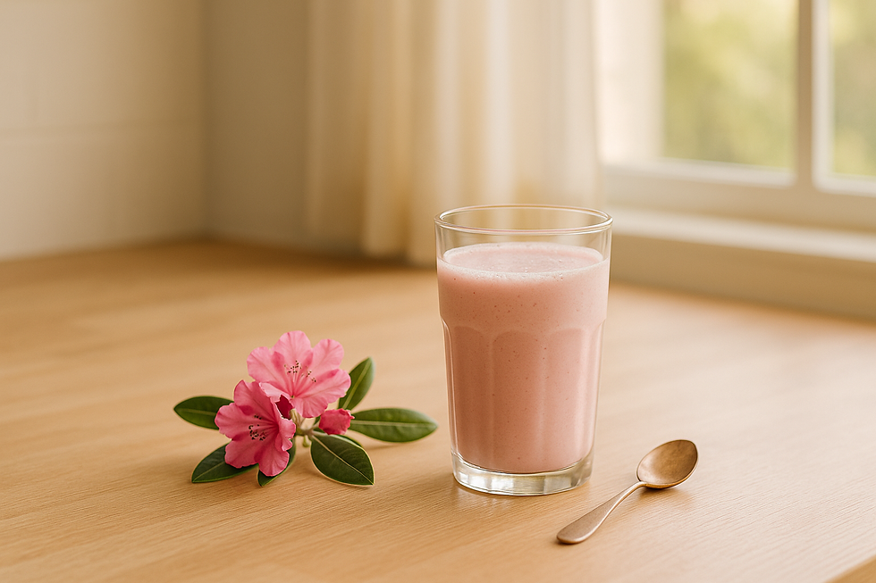 Glass of pink smoothie and spoon on wooden table, next to pink flowers. Soft lighting with window in the background creates a serene mood.