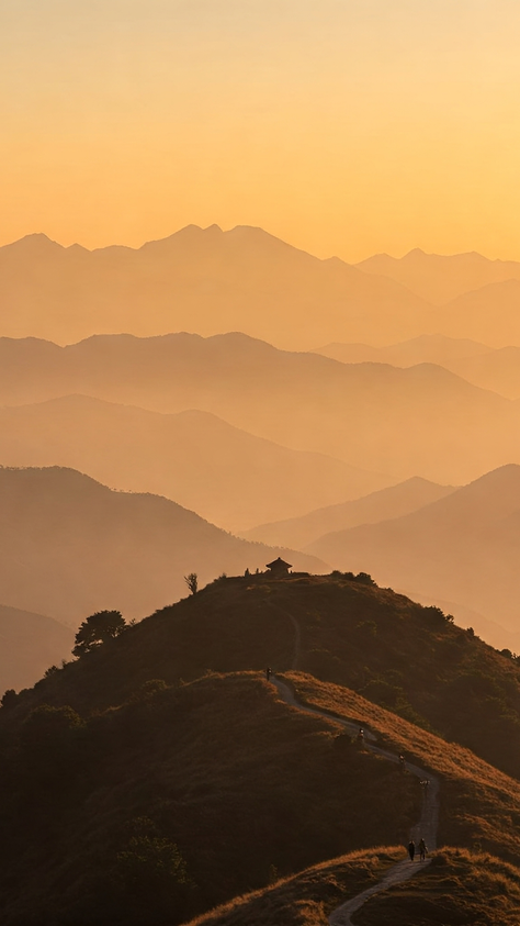 Sunset over misty mountains with a silhouette of a small hilltop shelter. A winding path leads through golden light and tranquil scenery.