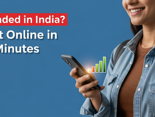 Smiling woman with smartphone, signal bars rising. Text: "Landed in India? Get Online in 3 Minutes." Blue background, casual attire.