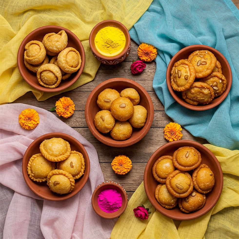 Clay bowls of Indian sweets and colored powders on wooden surface with colorful cloths and marigold flowers, creating a festive mood.
