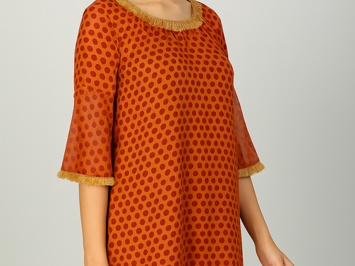 Smiling woman in red polka dot dress with fringe details, standing against a plain gray background. She exudes a cheerful mood.