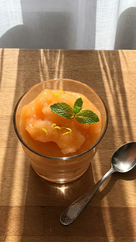 Glass of orange sherbet with mint leaves and lemon zest on wooden table, sunlight casting striped shadows. Silver spoon beside it.
