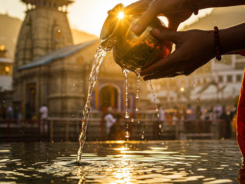 Hands pour water from a brass vessel at sunrise, temple in the background reflecting in water, creating a serene and spiritual atmosphere.