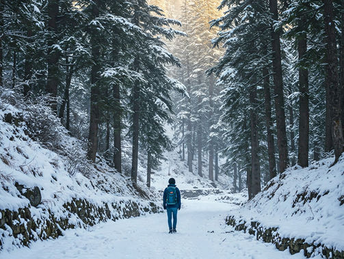 Person in blue hiking gear walks through snowy forest, surrounded by tall, snow-covered trees. Sunlight filters through the branches.