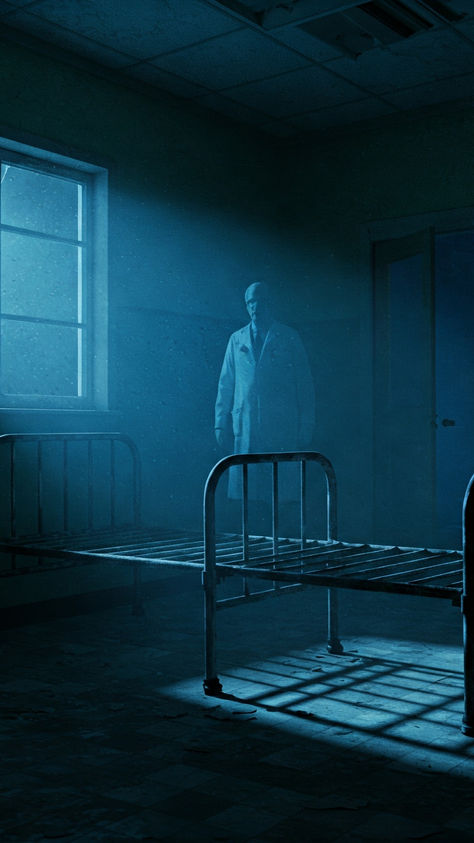 A dimly lit abandoned room with a metal bed and cracked window. A shadowy figure in a suit stands in eerie blue light, creating a haunting mood.