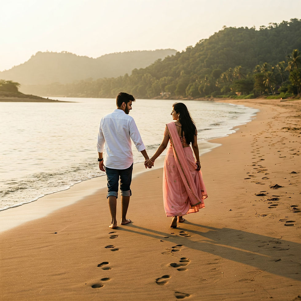 A couple walks hand in hand along a serene beach at sunset, leaving footprints in the sand. She wears a pink sari; he wears a white shirt.