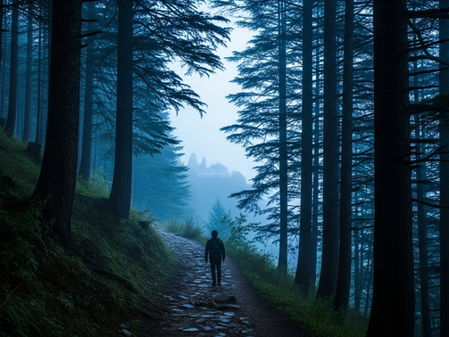 Silhouette of person walking on misty forest path, flanked by tall trees. Distant building visible through fog. Moody, serene atmosphere.