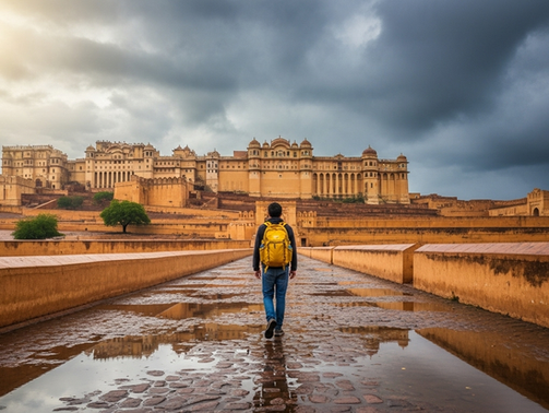 A person with a yellow backpack walks toward a grand fort under a cloudy sky, with reflections in rain-soaked pavement and sunlight breaking through.