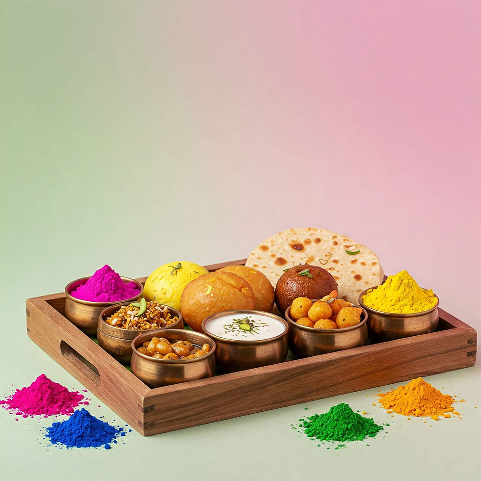 Wooden tray with Indian sweets, snacks, and sauces in copper bowls. Colorful powders are scattered. Pink-green gradient background.